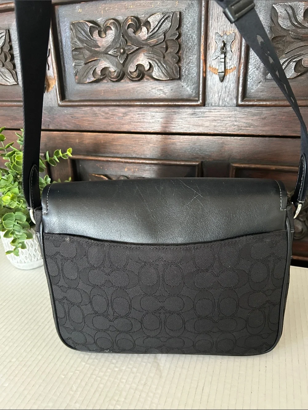 Coach Black Signature Messenger Bag with Branded Strap